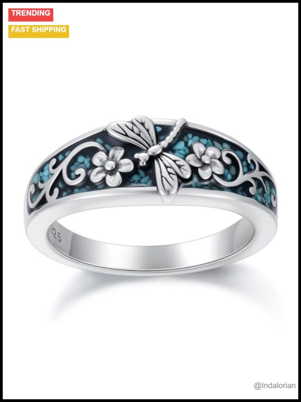 925 Sterling Silver Turquoise Dragonfly Ring Boho Western Jewelry
